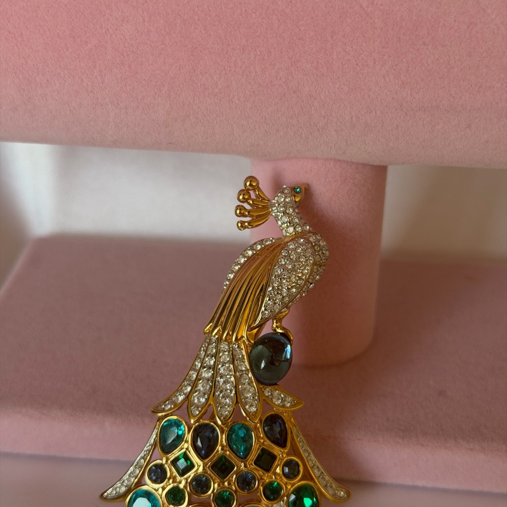 Swarovski Signed Gold Plated Peacock Pin Brooch with Clear & Emerald Green Cryst